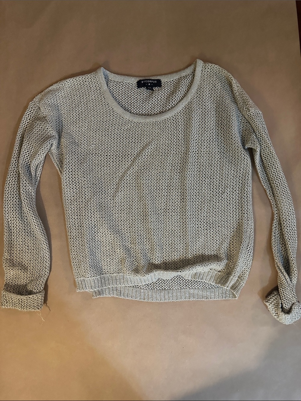 Bycorpus Open-Weave Crewneck Sweater in Sparkly Metallic Gold